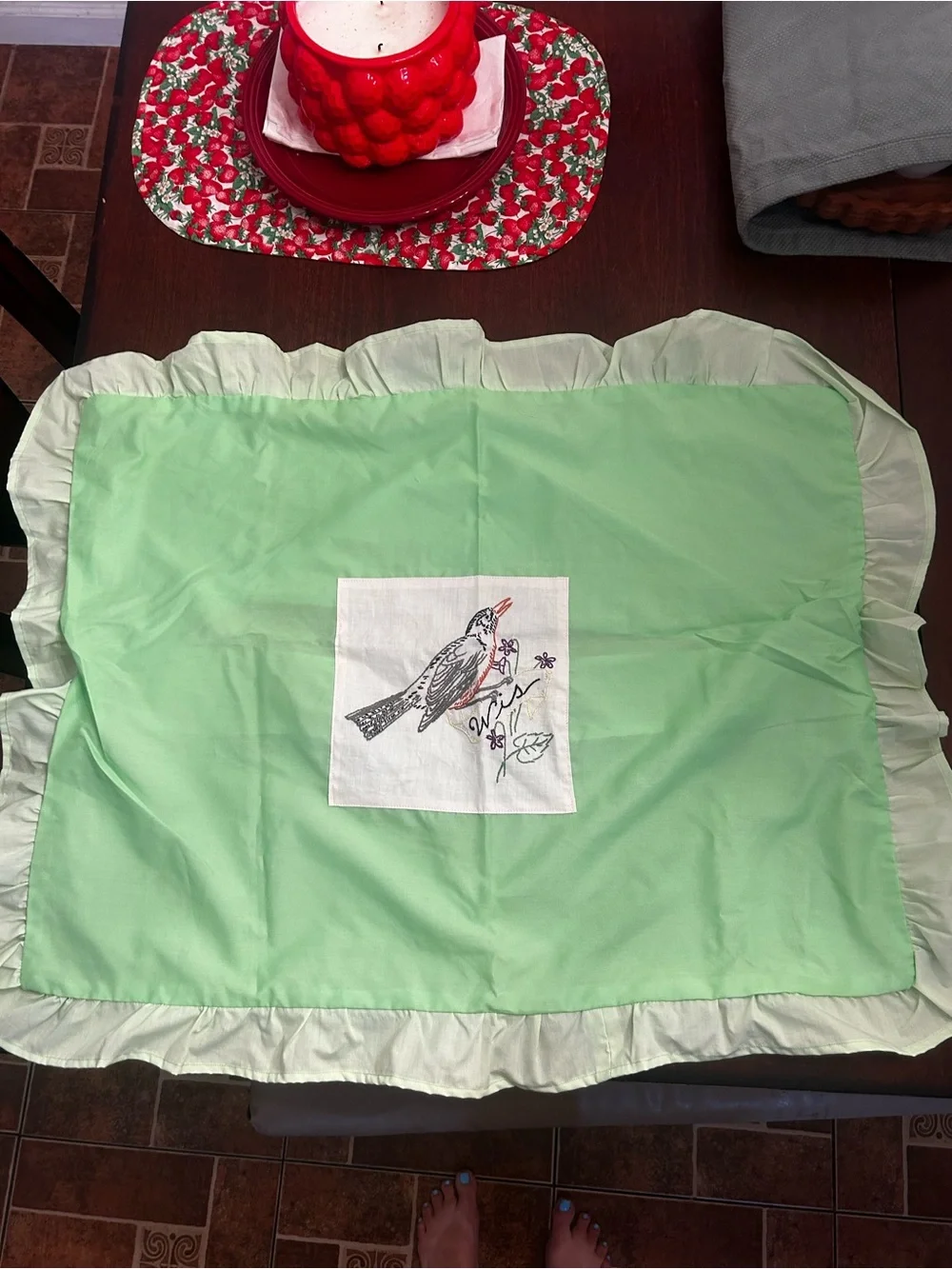 2 Vintage Embroidered Cardinal Pillowcase Shams - Mint Green